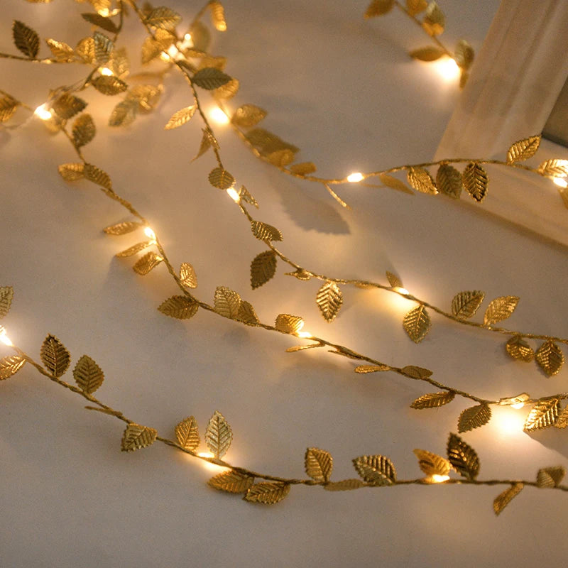 2M 20LED Golden Leaves String Fairy Lights For Wedding Birthday Party Decoration Home Garden Artificial Plant Garland Vine Light