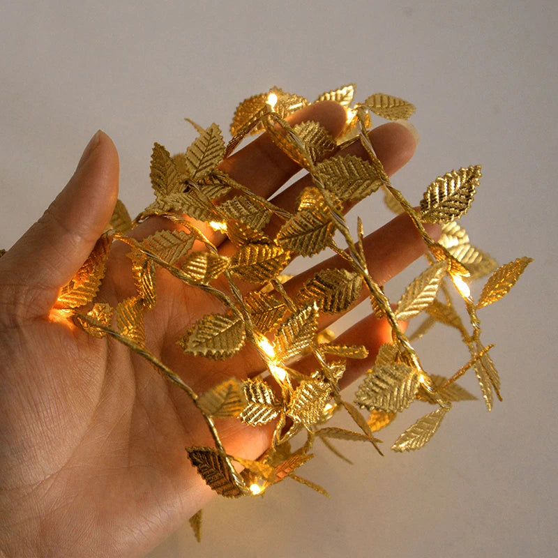 2M 20LED Golden Leaves String Fairy Lights For Wedding Birthday Party Decoration Home Garden Artificial Plant Garland Vine Light