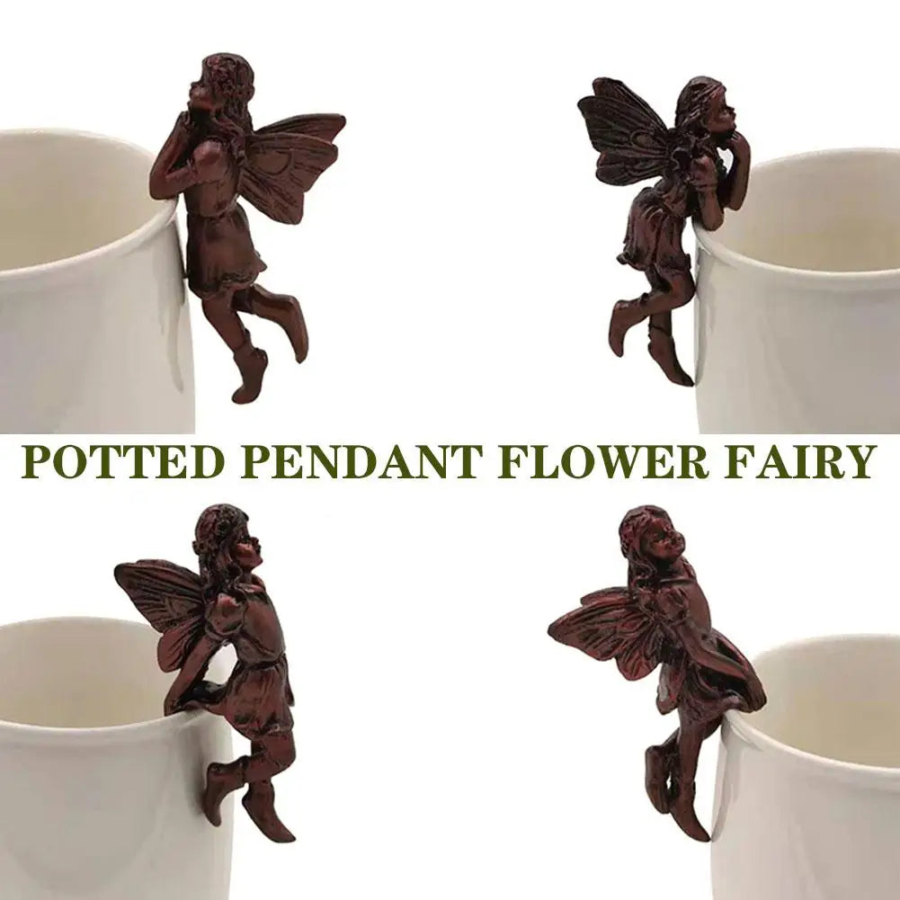 4Style Mini Girl Wings Hanging Cup Resin Decoration Fairy Combination Flower Basket Edge Decor For Garden Pot Ornaments H3U7