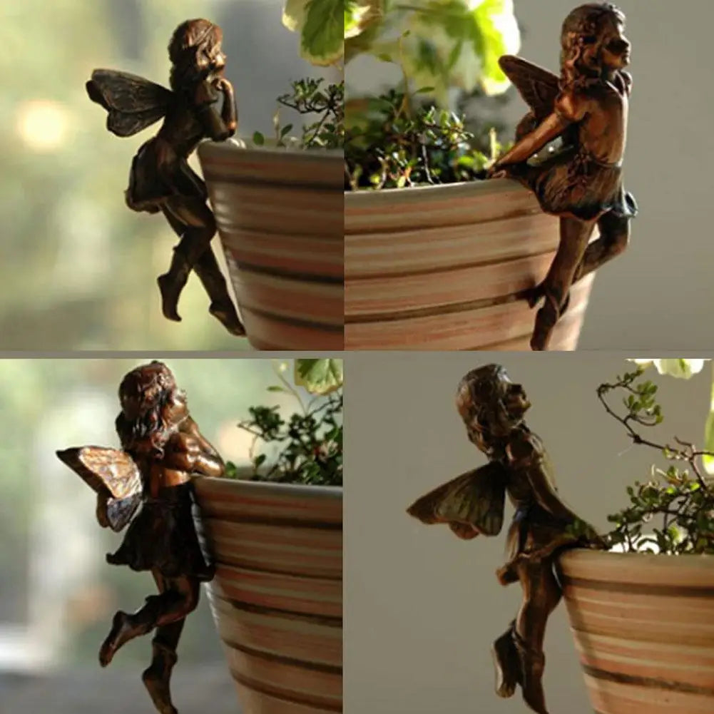 4Style Mini Girl Wings Hanging Cup Resin Decoration Fairy Combination Flower Basket Edge Decor For Garden Pot Ornaments H3U7