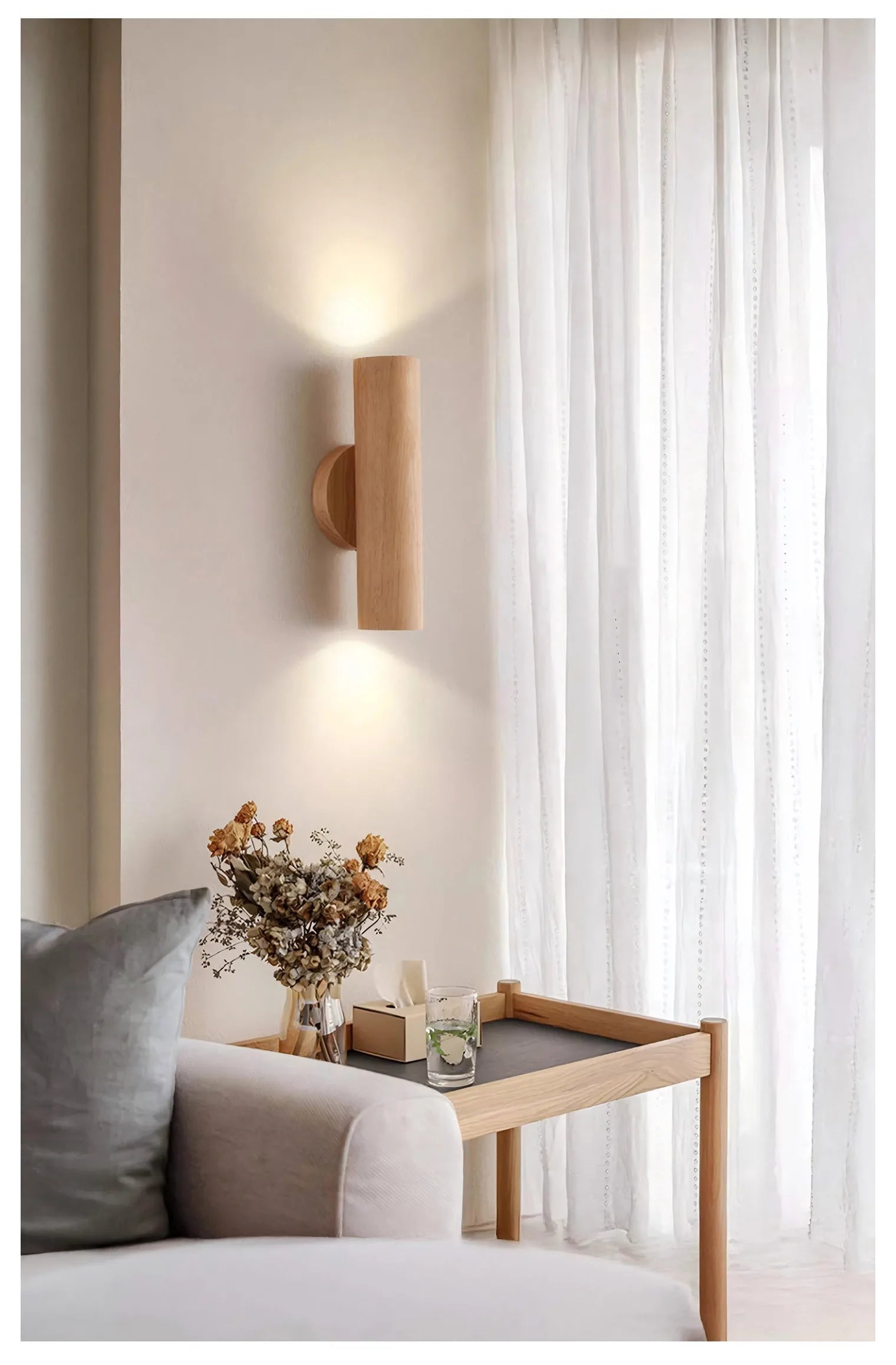 Cylinder Oak Wooden Color Glow top and bottom, Wabi-sabi Minimalist Style, Wall Sconce light for Living, Bedroom bedside, Study