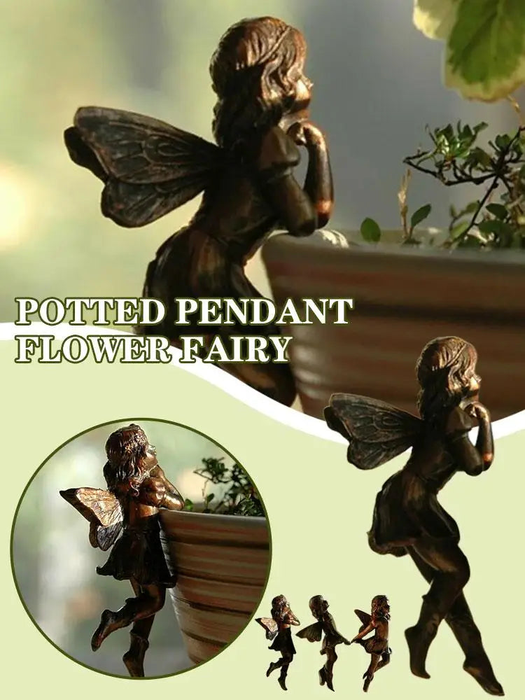 4Style Mini Girl Wings Hanging Cup Resin Decoration Fairy Combination Flower Basket Edge Decor For Garden Pot Ornaments H3U7