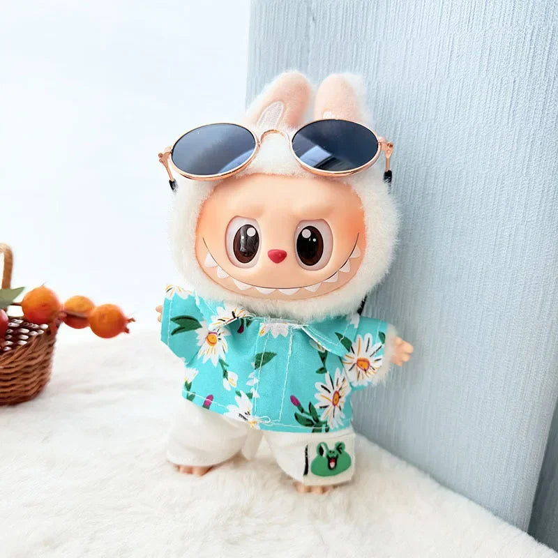 Labubu Floral Shirt & Crocs Beach Wear Set - Vibrant Summer Outfit for 17cm Vinyl Dolls with Tropical Style