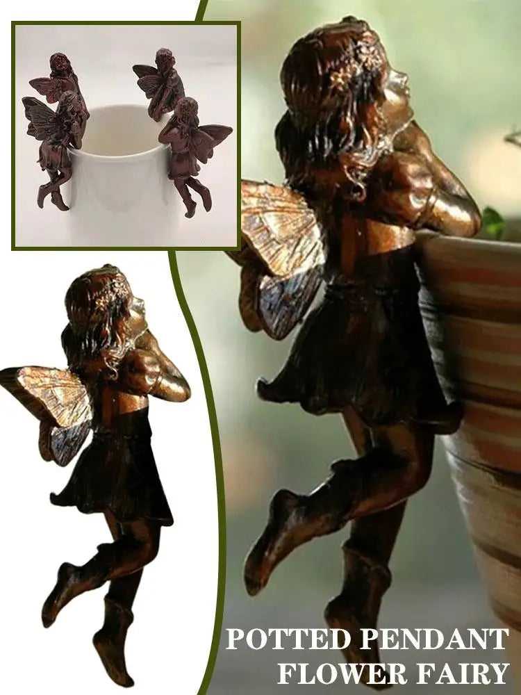 4Style Mini Girl Wings Hanging Cup Resin Decoration Fairy Combination Flower Basket Edge Decor For Garden Pot Ornaments H3U7