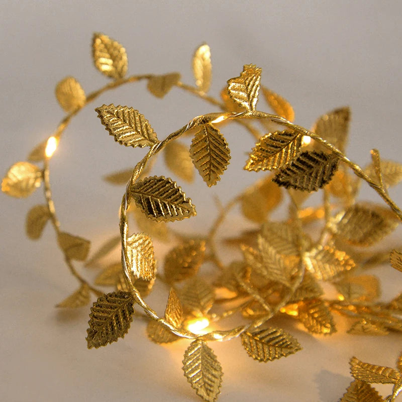 2M 20LED Golden Leaves String Fairy Lights For Wedding Birthday Party Decoration Home Garden Artificial Plant Garland Vine Light