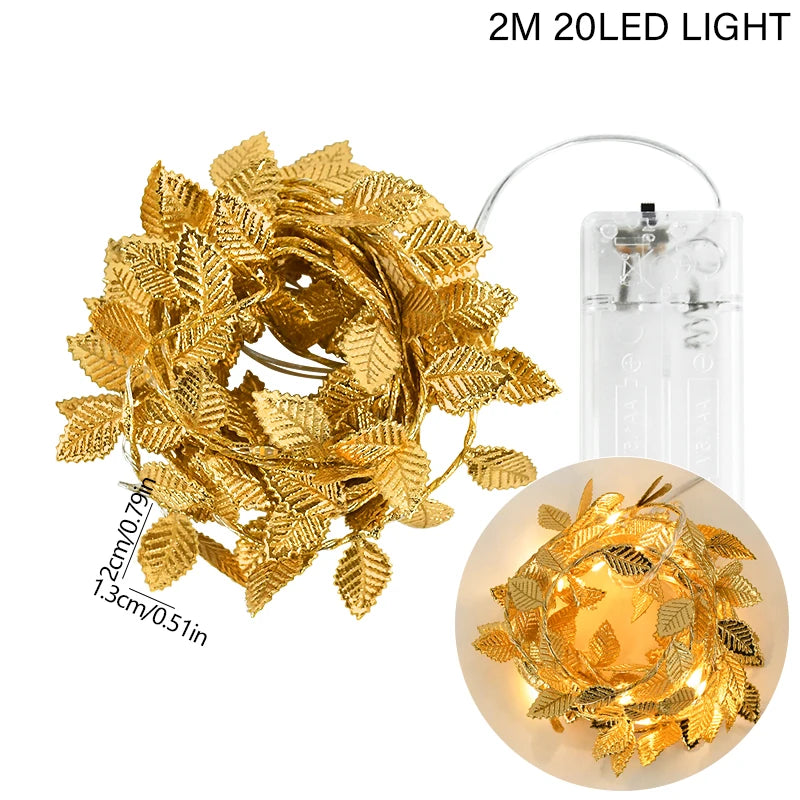2M 20LED Golden Leaves String Fairy Lights For Wedding Birthday Party Decoration Home Garden Artificial Plant Garland Vine Light