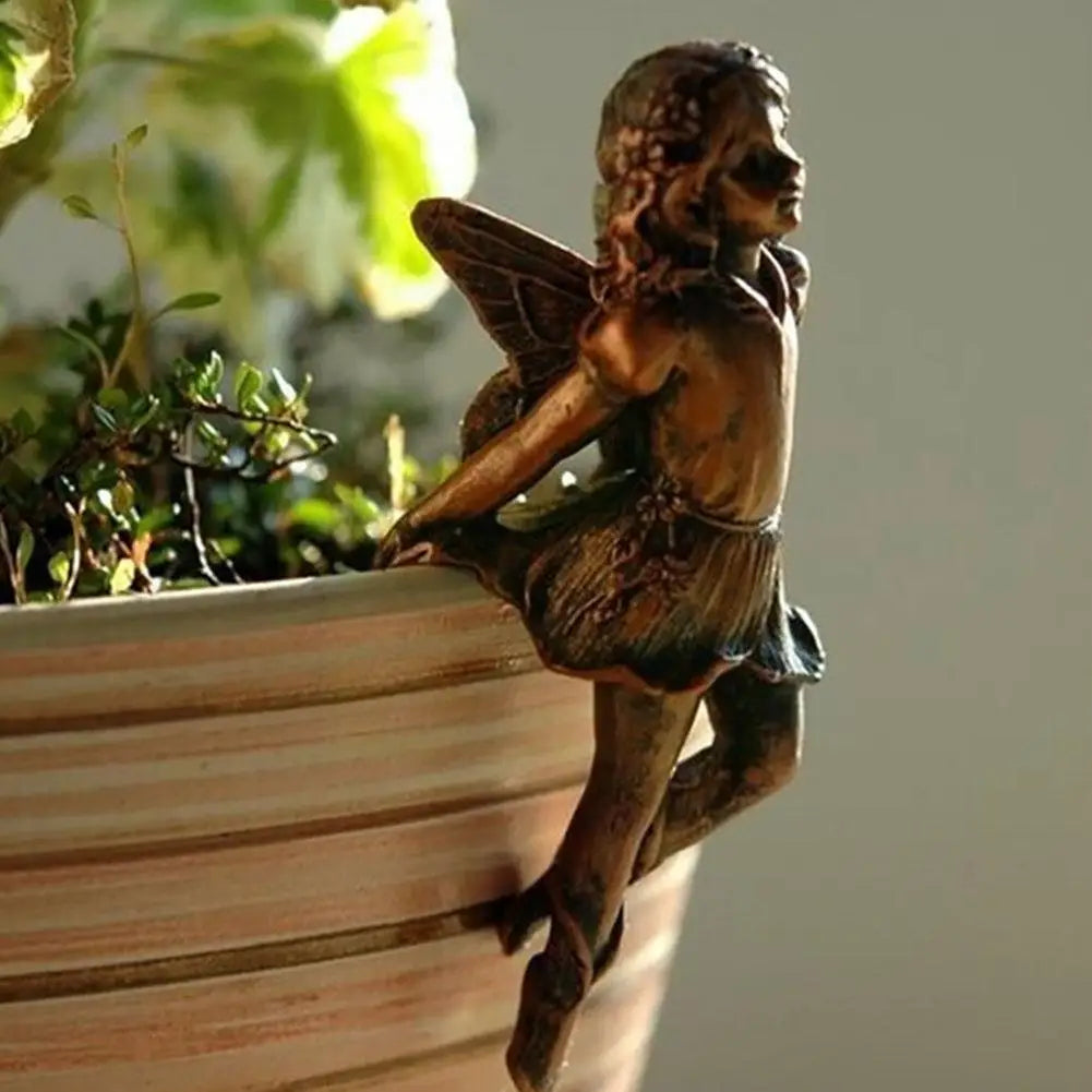 4Style Mini Girl Wings Hanging Cup Resin Decoration Fairy Combination Flower Basket Edge Decor For Garden Pot Ornaments H3U7