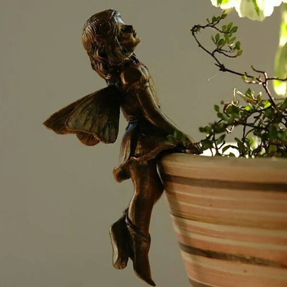 4Style Mini Girl Wings Hanging Cup Resin Decoration Fairy Combination Flower Basket Edge Decor For Garden Pot Ornaments H3U7