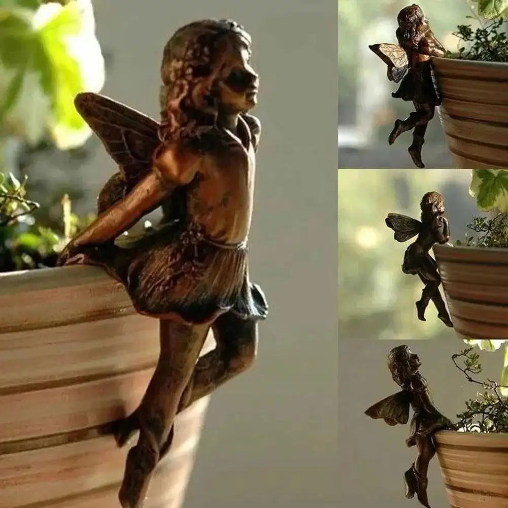 4Style Mini Girl Wings Hanging Cup Resin Decoration Fairy Combination Flower Basket Edge Decor For Garden Pot Ornaments H3U7