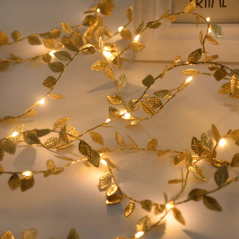 2M 20LED Golden Leaves String Fairy Lights For Wedding Birthday Party Decoration Home Garden Artificial Plant Garland Vine Light