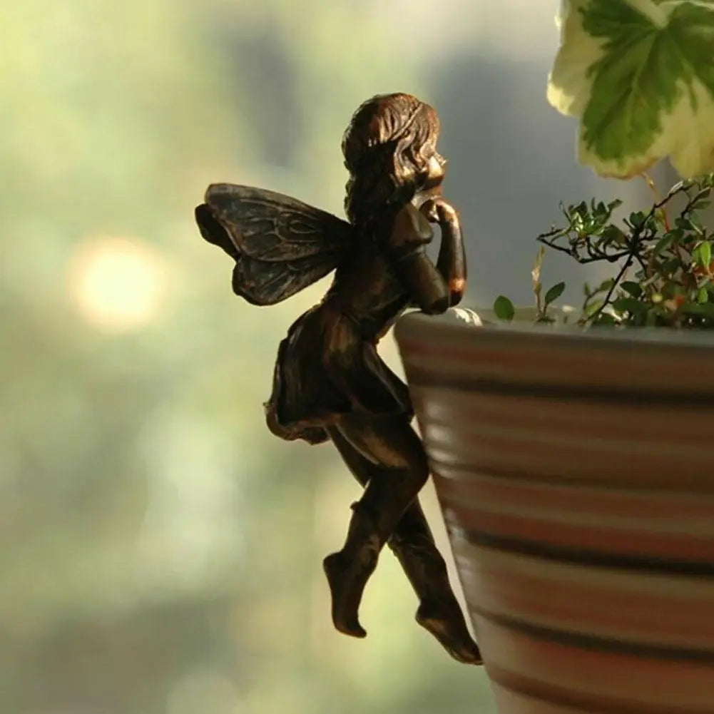 4Style Mini Girl Wings Hanging Cup Resin Decoration Fairy Combination Flower Basket Edge Decor For Garden Pot Ornaments H3U7
