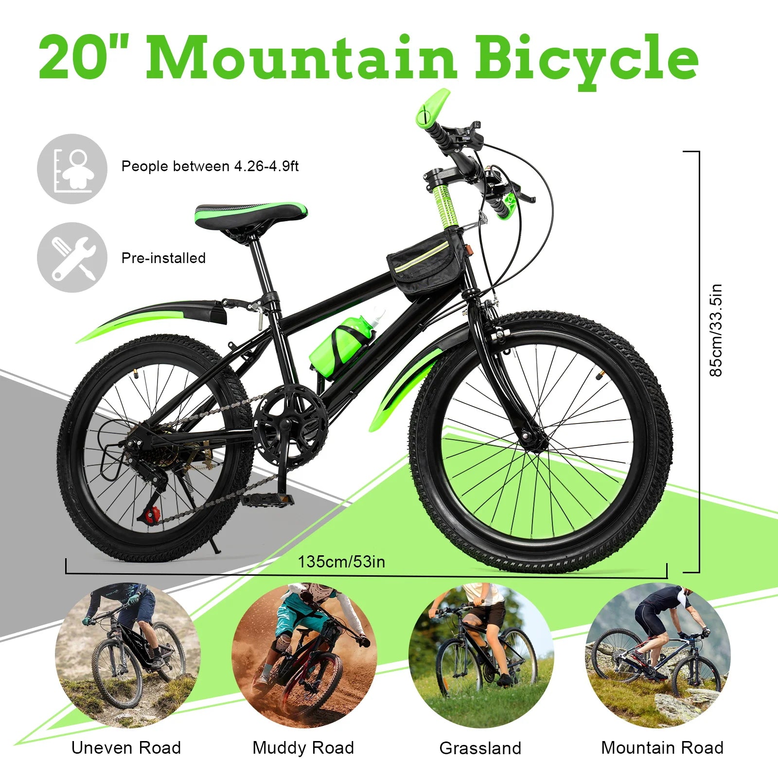 20"  7 Speeds Mountain Bike Kids Bicycle Dual-Disc Brakes Unisex Children's Bicycle Height Adjustable MTB Boys Girls Riding Bike