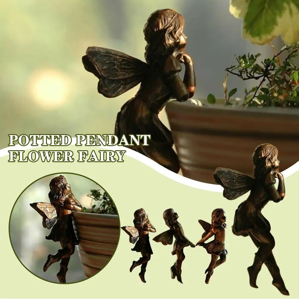 4Style Mini Girl Wings Hanging Cup Resin Decoration Fairy Combination Flower Basket Edge Decor For Garden Pot Ornaments H3U7