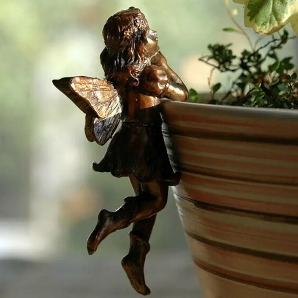 4Style Mini Girl Wings Hanging Cup Resin Decoration Fairy Combination Flower Basket Edge Decor For Garden Pot Ornaments H3U7
