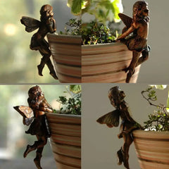 4Style Mini Girl Wings Hanging Cup Resin Decoration Fairy Combination Flower Basket Edge Decor For Garden Pot Ornaments H3U7