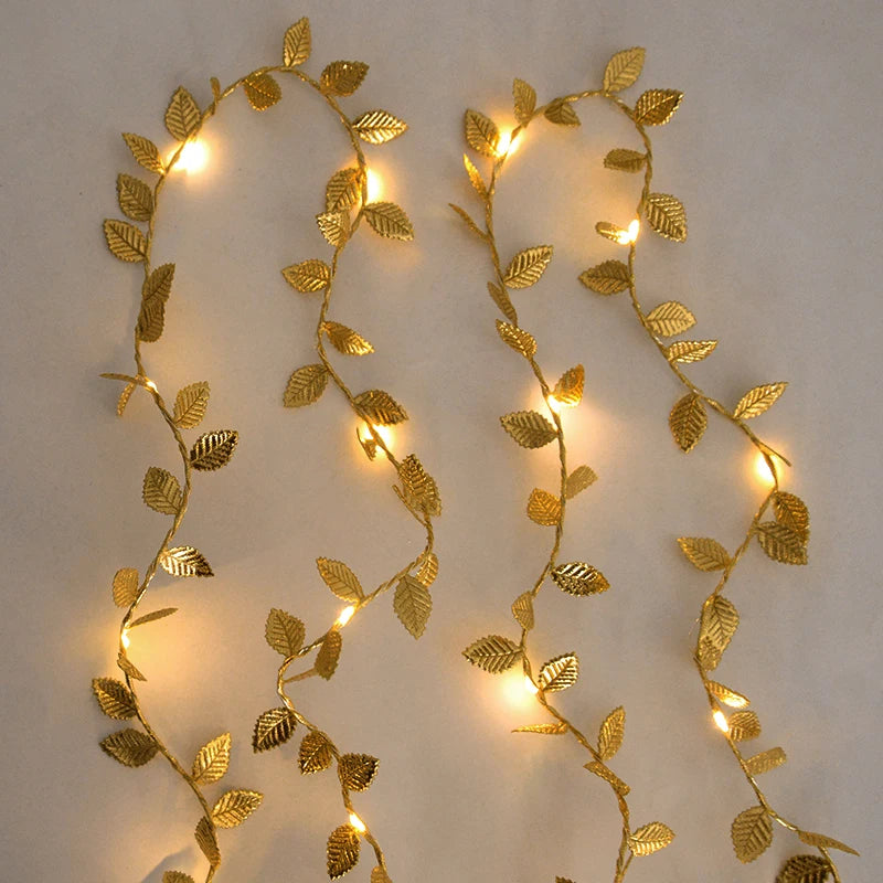2M 20LED Golden Leaves String Fairy Lights For Wedding Birthday Party Decoration Home Garden Artificial Plant Garland Vine Light