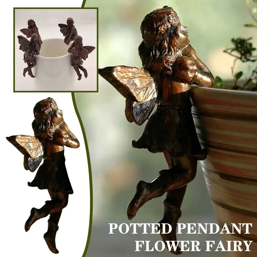 4Style Mini Girl Wings Hanging Cup Resin Decoration Fairy Combination Flower Basket Edge Decor For Garden Pot Ornaments H3U7